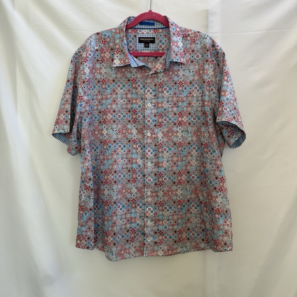 Johnston & Murphy Men's 2XL Blue/White/Red Floral Woven Cotton Button-Up SS
